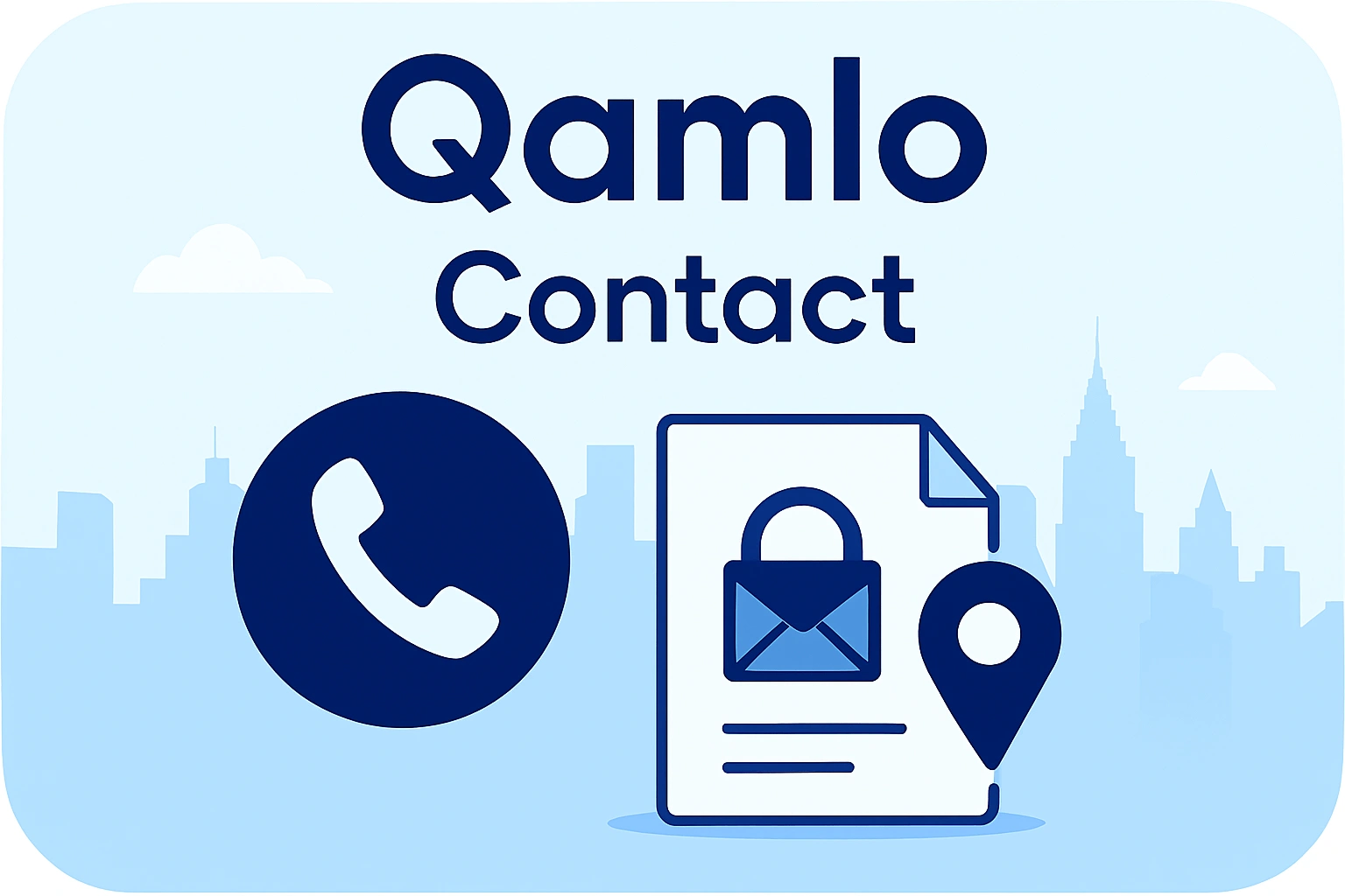 Boutique hero banner showing phone, email, and location icons over Bangkok skyline, symbolizing Qamlo’s customer service and ERP, AI, and Cloud expertise in Thailand