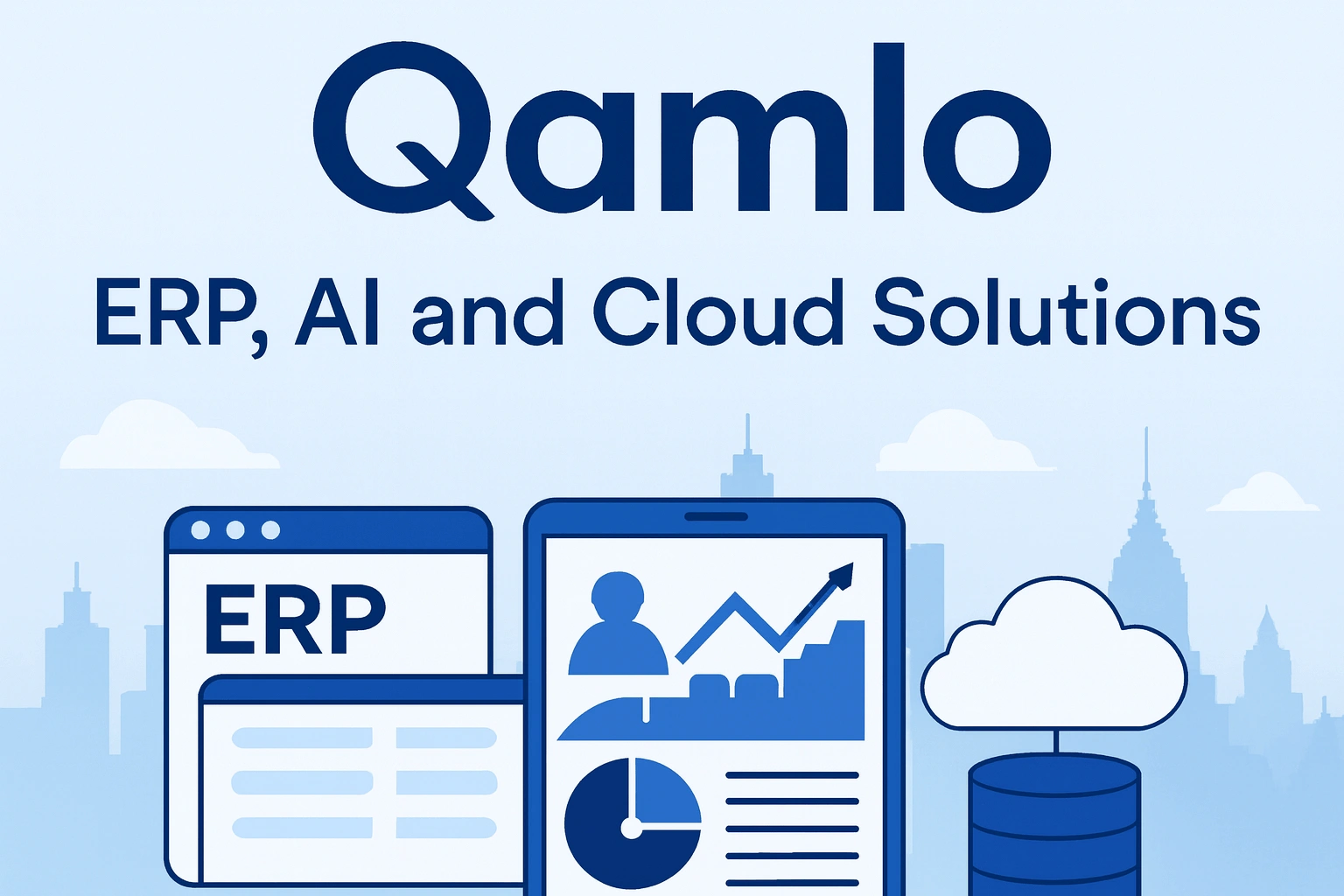 Boutique hero banner showing ERP, AI, and Cloud icons over Bangkok skyline, symbolizing Qamlo’s enterprise software solutions with Thai compliance and global innovation