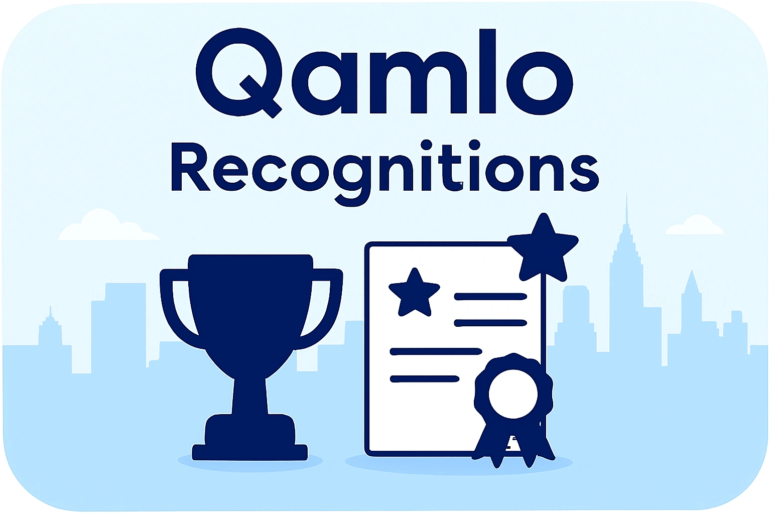 Boutique hero banner showing industry awards, certificates, and partnership icons over Bangkok skyline, symbolizing Qamlo’s recognitions and affiliations with IMC Institute, Software Park Thailand, ATCI, and Red Herring